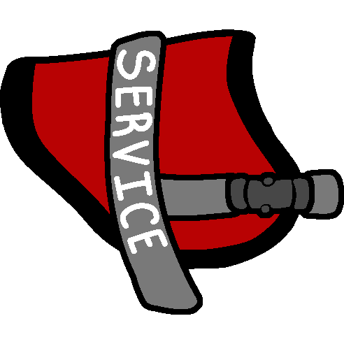 A red service dog vest with fabric only over the back of the dog, and gray straps to go beneath the dog's belly and chest. The word Service is written on the vertical strap.